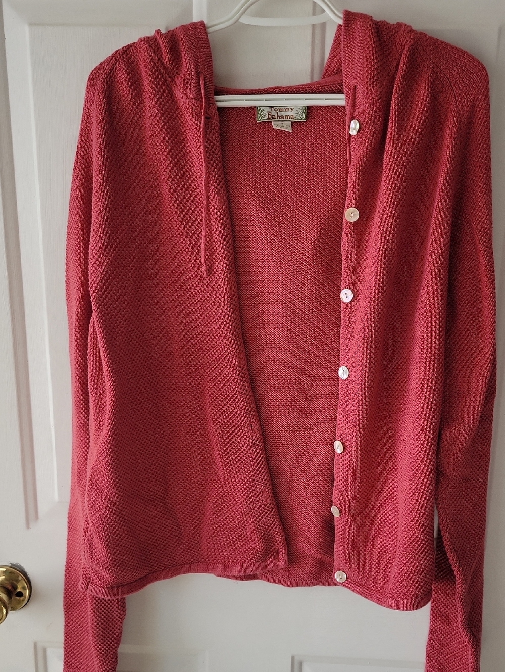 Tommy Bahama Coral Red Hooded Button Cardigan